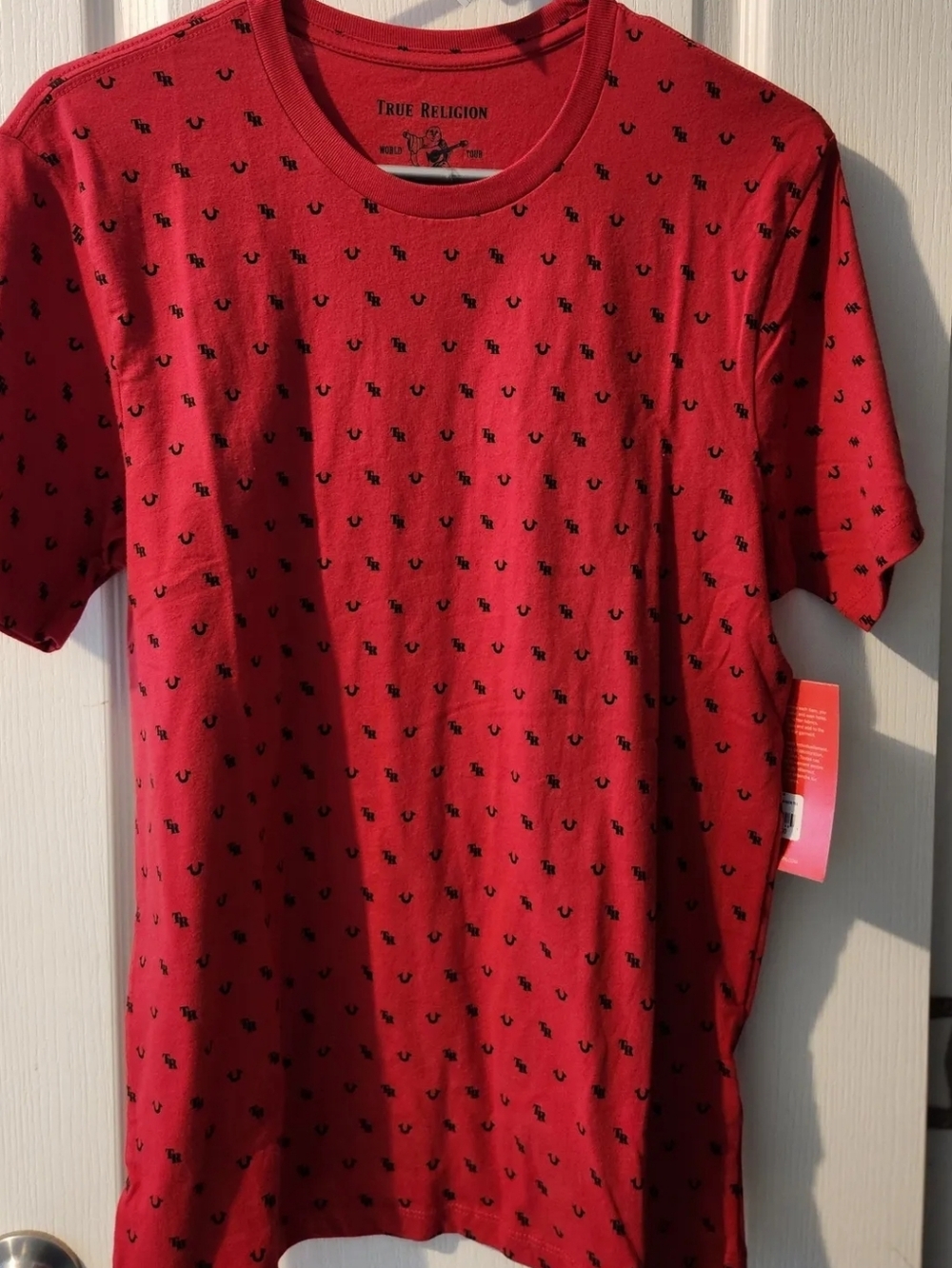 NWT True Religion SIZE SMALL Red Short Sleeve Crewneck Tee w/All-Over Black Logo